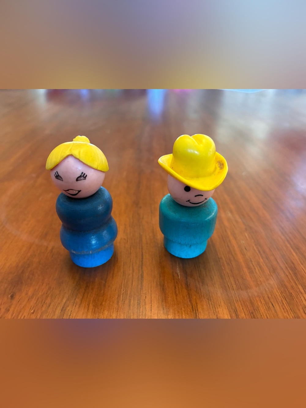 Vintage Fisher-Price little people set of 2. wood body + plastic hair/hat